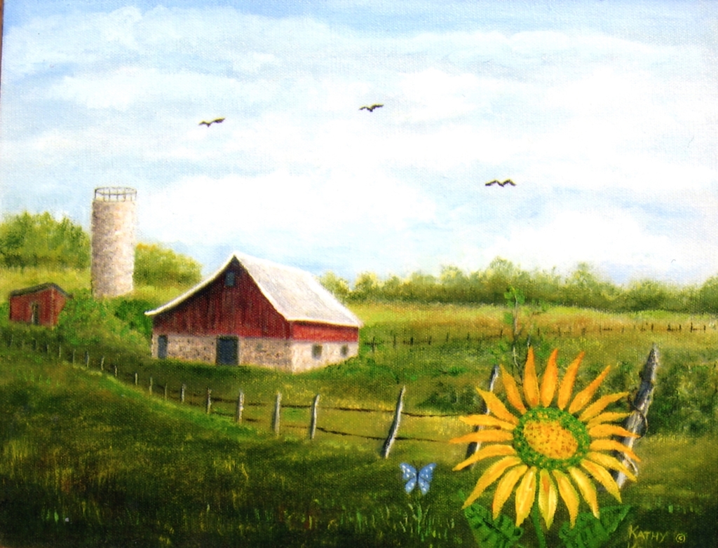 BARN AND SUNFLOWER